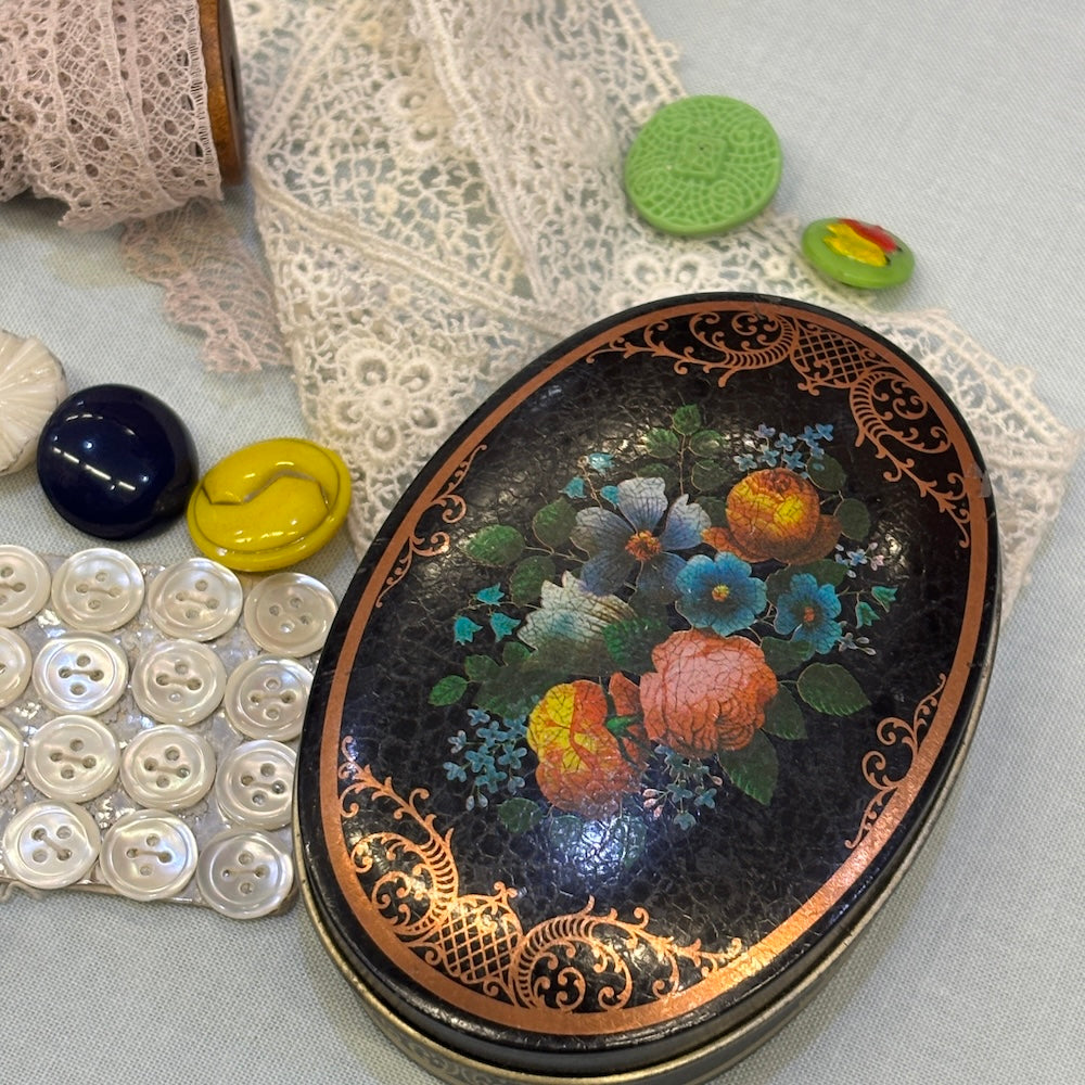 Vintage Small Oval Black Floral Treasure Tin