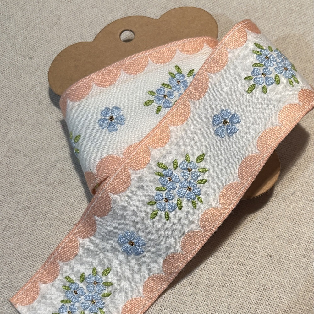 Vintage White Cotton Trim with Embroidered Blue Flowers and Scallops 43mm x 1.8