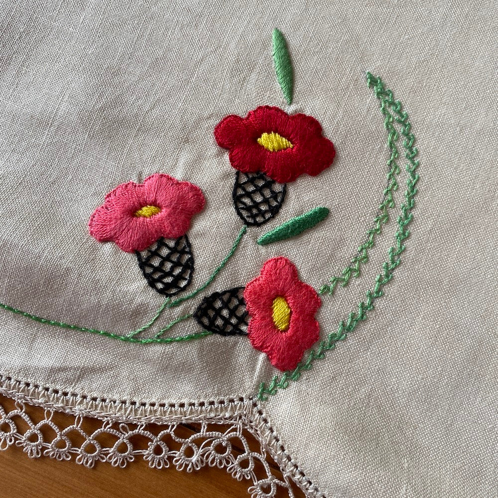 Vintage Hand Embroidered Scallop Edged Tablecloth