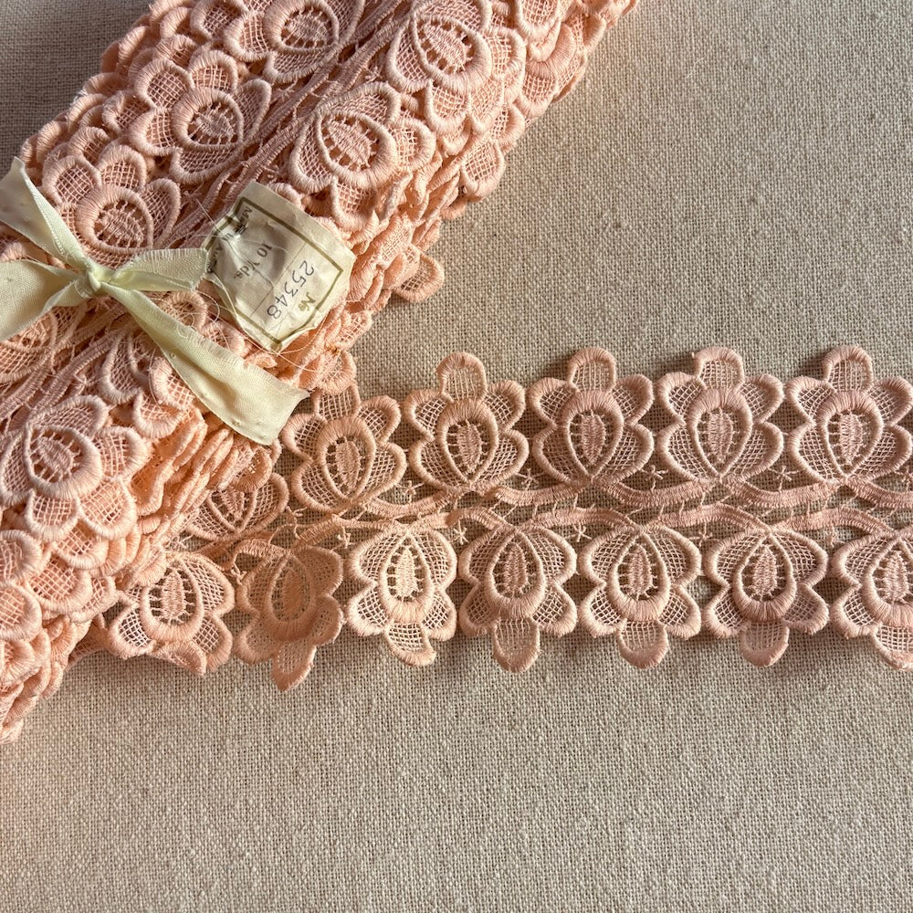 Vintage Austrian Guipure Lace Peachy Pink Floral 8cm