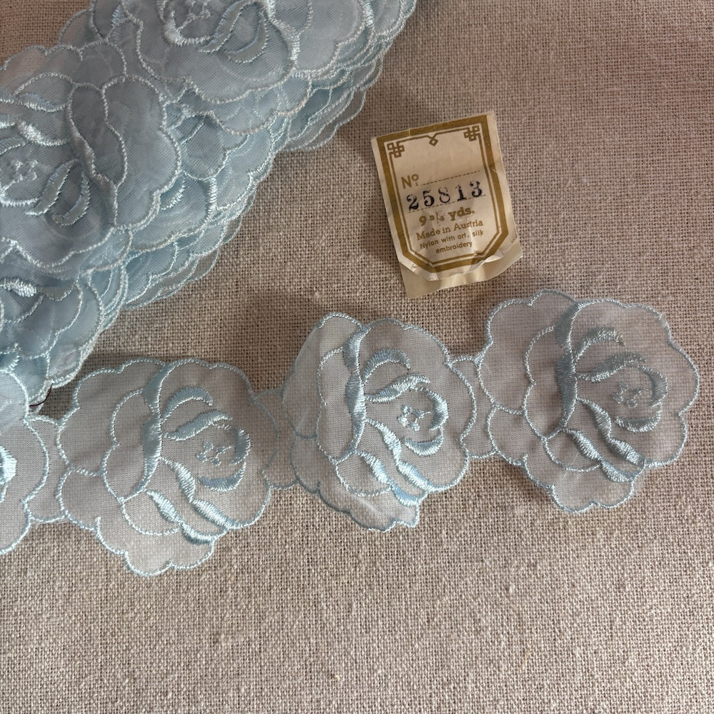 Vintage Austrian Organza Rose Lace in Powder Blue 5.5cm