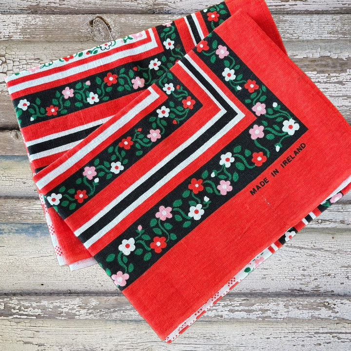 Vintage Pure Linen Red Folk Tea Towel