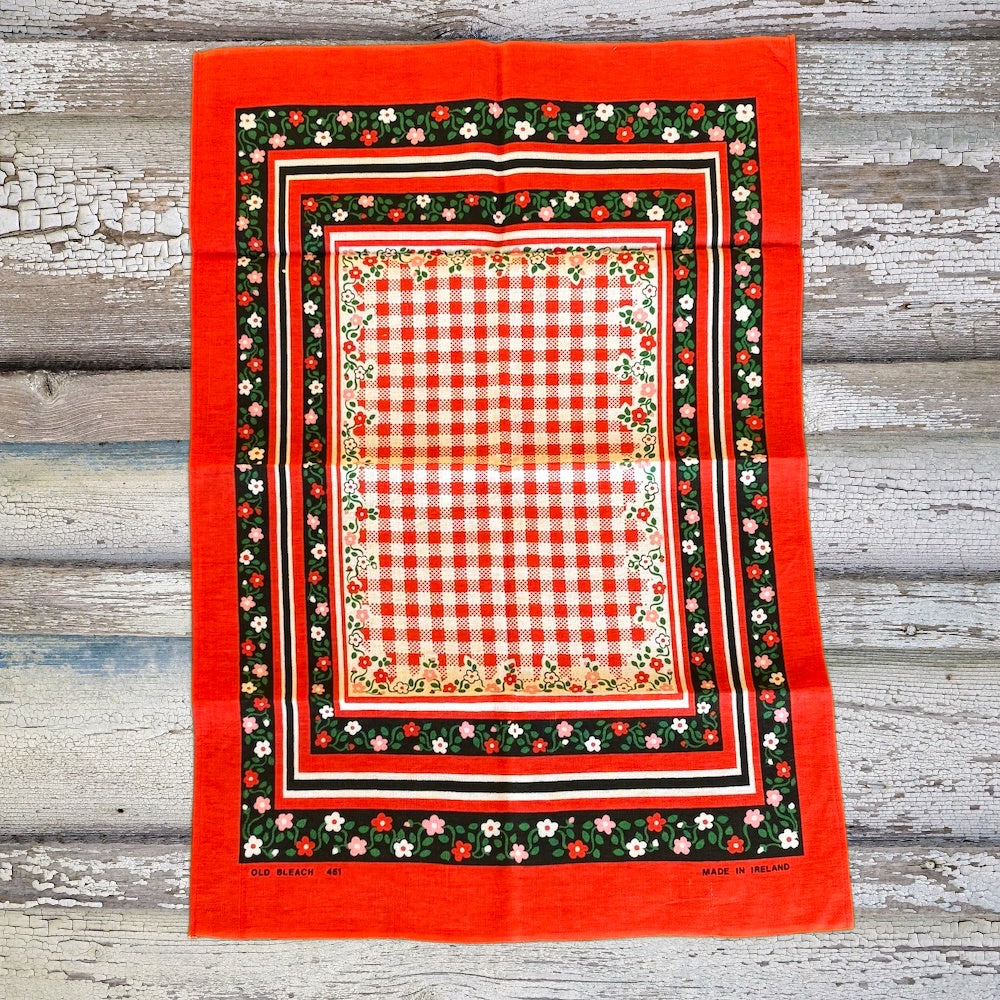 Vintage Pure Linen Red Folk Tea Towel