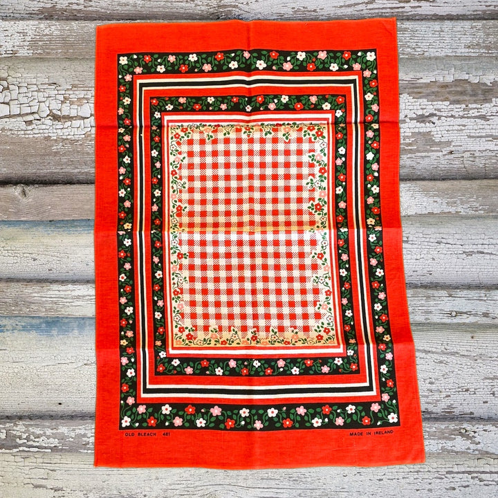 Vintage Pure Linen Red Folk Tea Towel