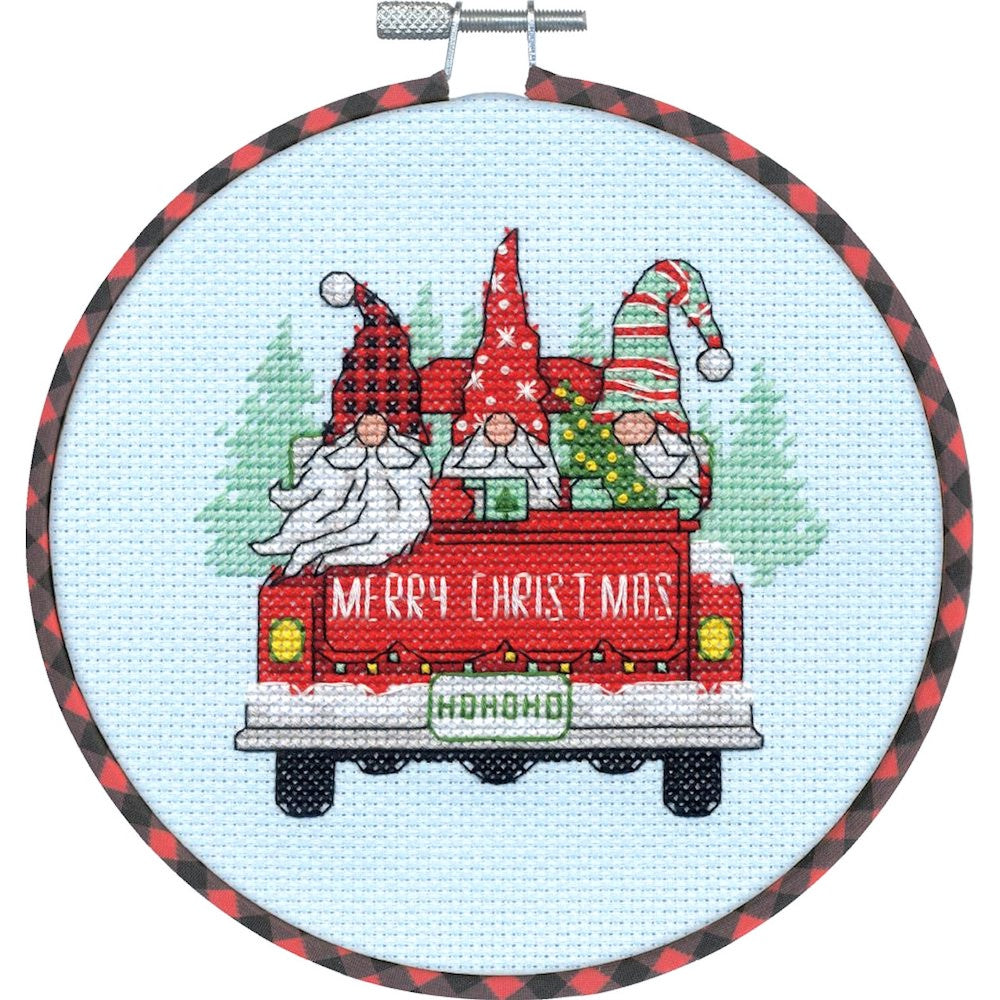 Dimensions Learn a Craft Red Truck Gnomes Cross Stitch Kit