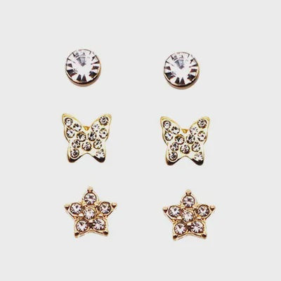 3 Pairs of Earrings Heart, Butterfly and Stud Gold