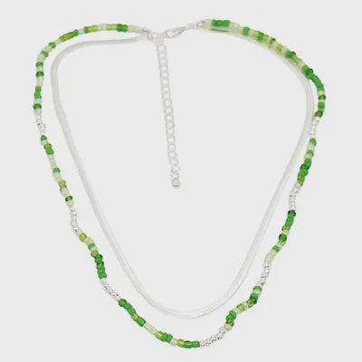 Dual Layer Bead Necklace in Silver Green