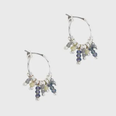 Metal Ball and Blue Bead Hoop Earring in Silver