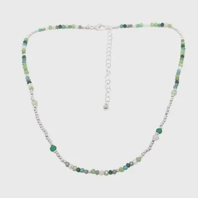 Metal Ball and Green Bead Necklace in Silver