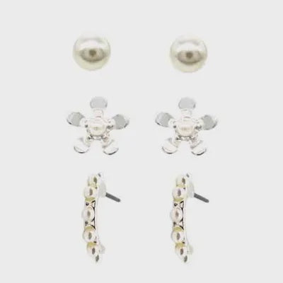 3 Pairs of Earring Pearl/Flower/Hoop Set